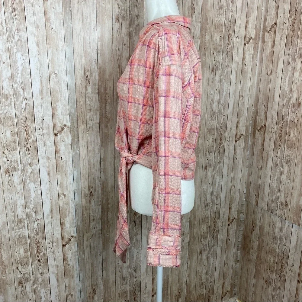 Free‎ People Running Wild Long Sleeve Plaid Wrap Top Size Large Women